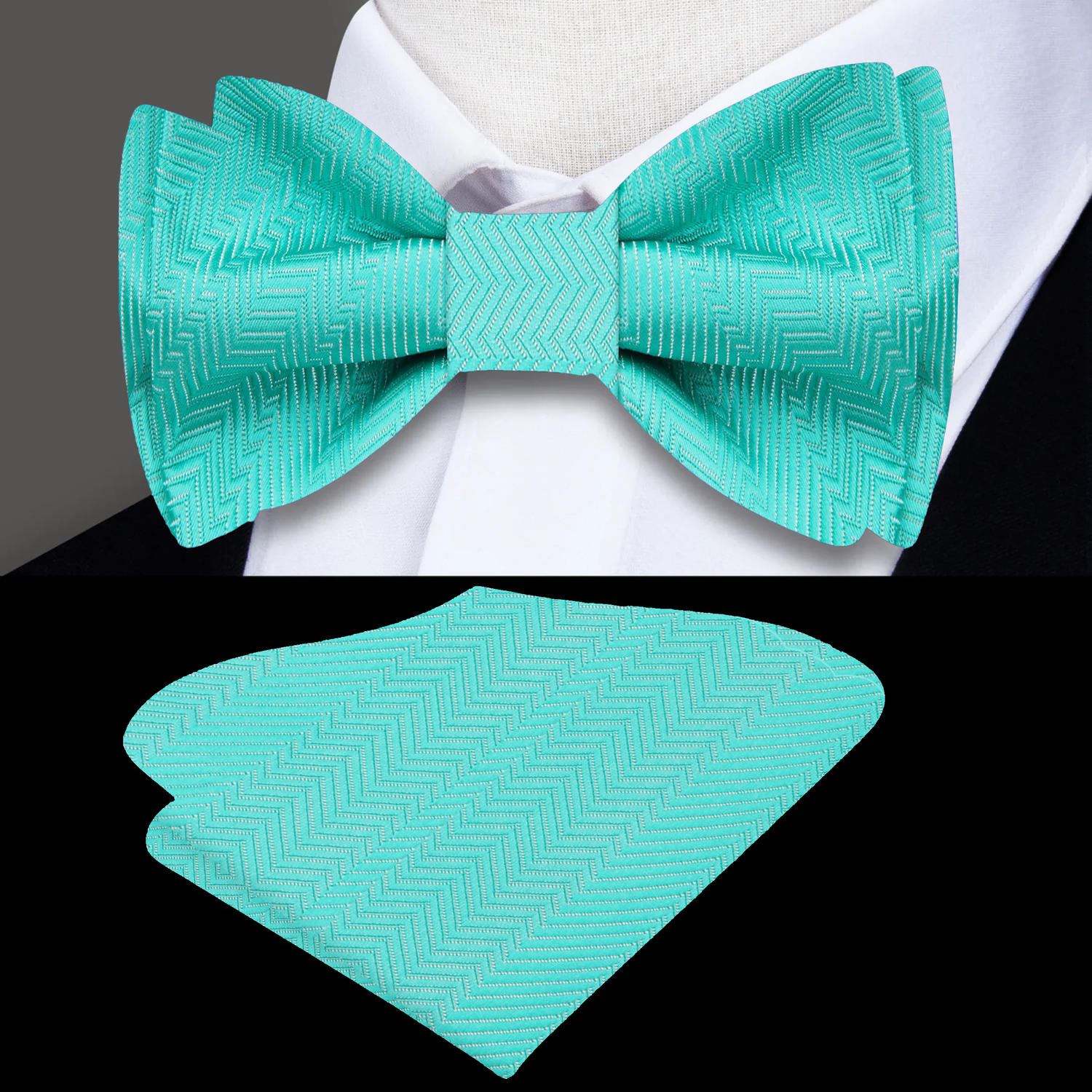 Main: A Solid Turquoise Pattern Silk Self Tie Bow Tie, Matching Pocket Square||Turquoise