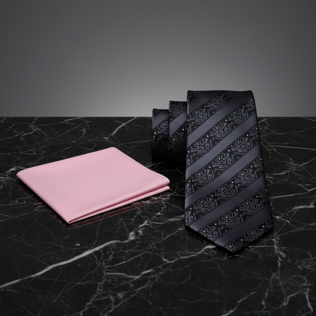 Pink pocket square and black patterned tie 