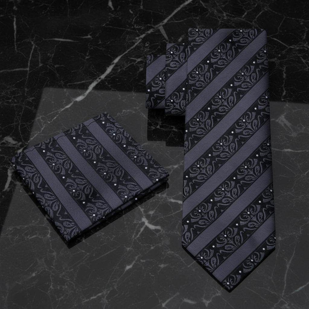 Black patterned tie and pocket square set