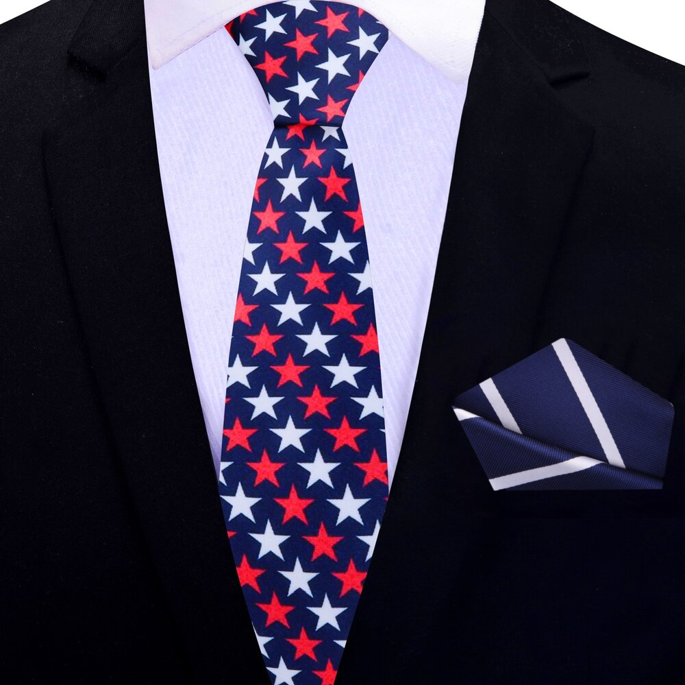 Thin Blue with Red and White Stars Tie and Blue White Stripe Pocket Square