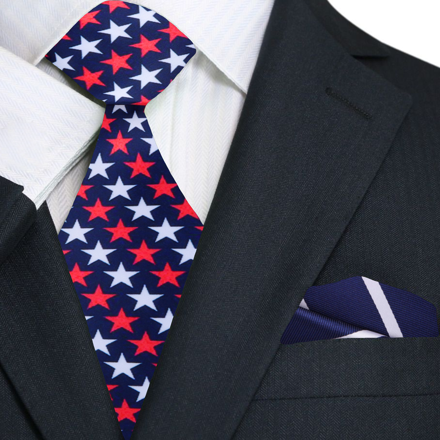 Blue with Red and White Stars Tie and Blue White Stripe Pocket Square