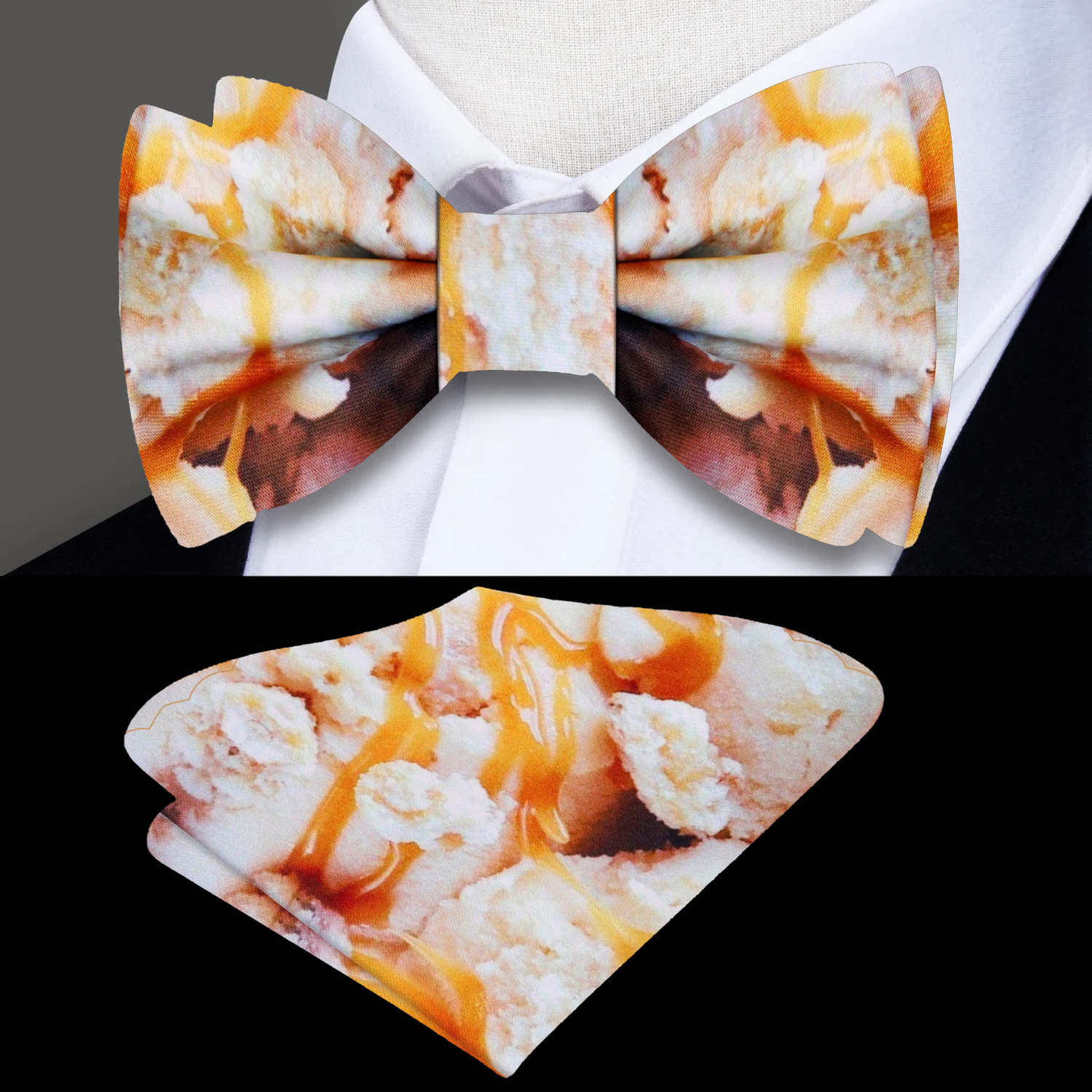 Vanilla Ice Cream With Salted Caramel Drizzle Bow Tie, Matching Pocket Square