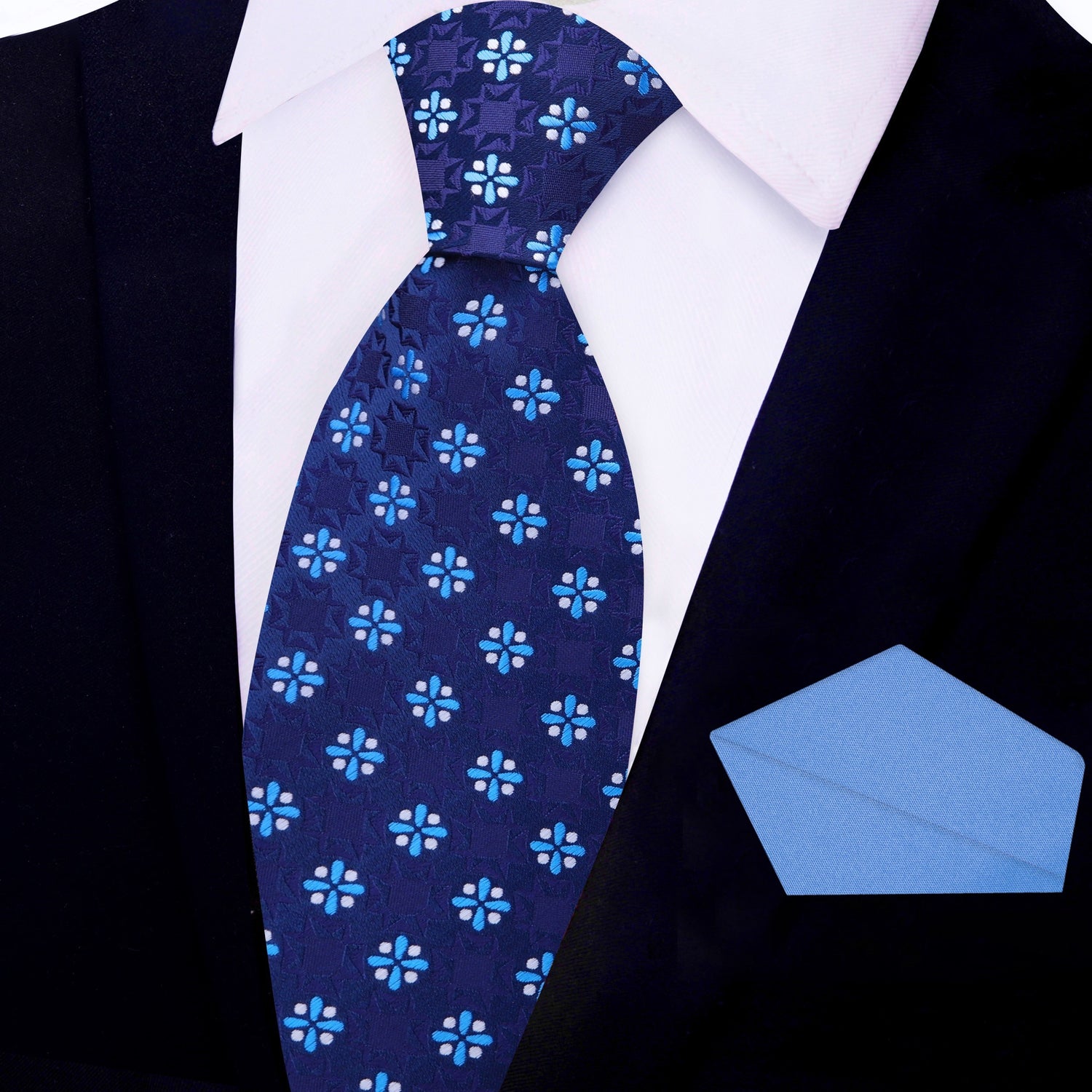 Main View: Shades of Blue and Light Grey Geometric Tie and Accent Pocket Square