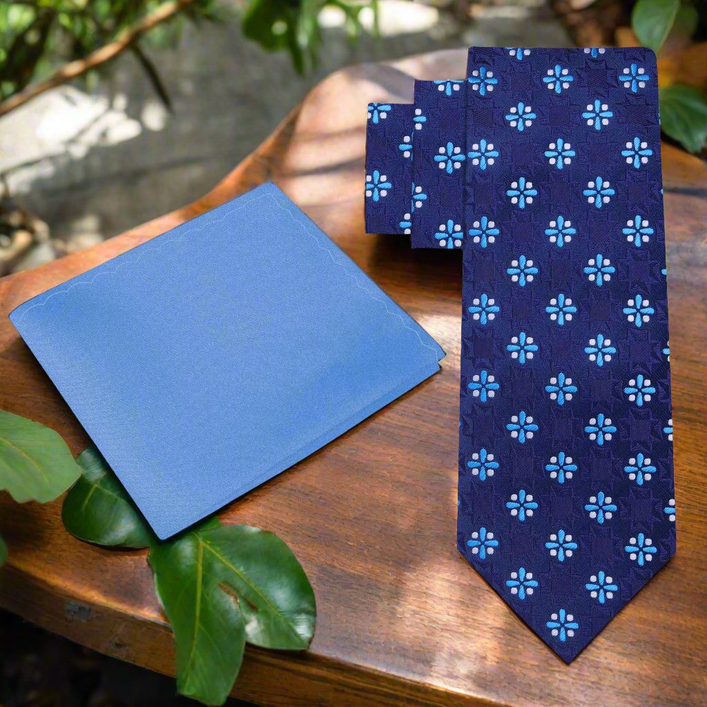 Alt  View: Main View: Shades of Blue and Light Grey Geometric Tie and Accent Pocket Square