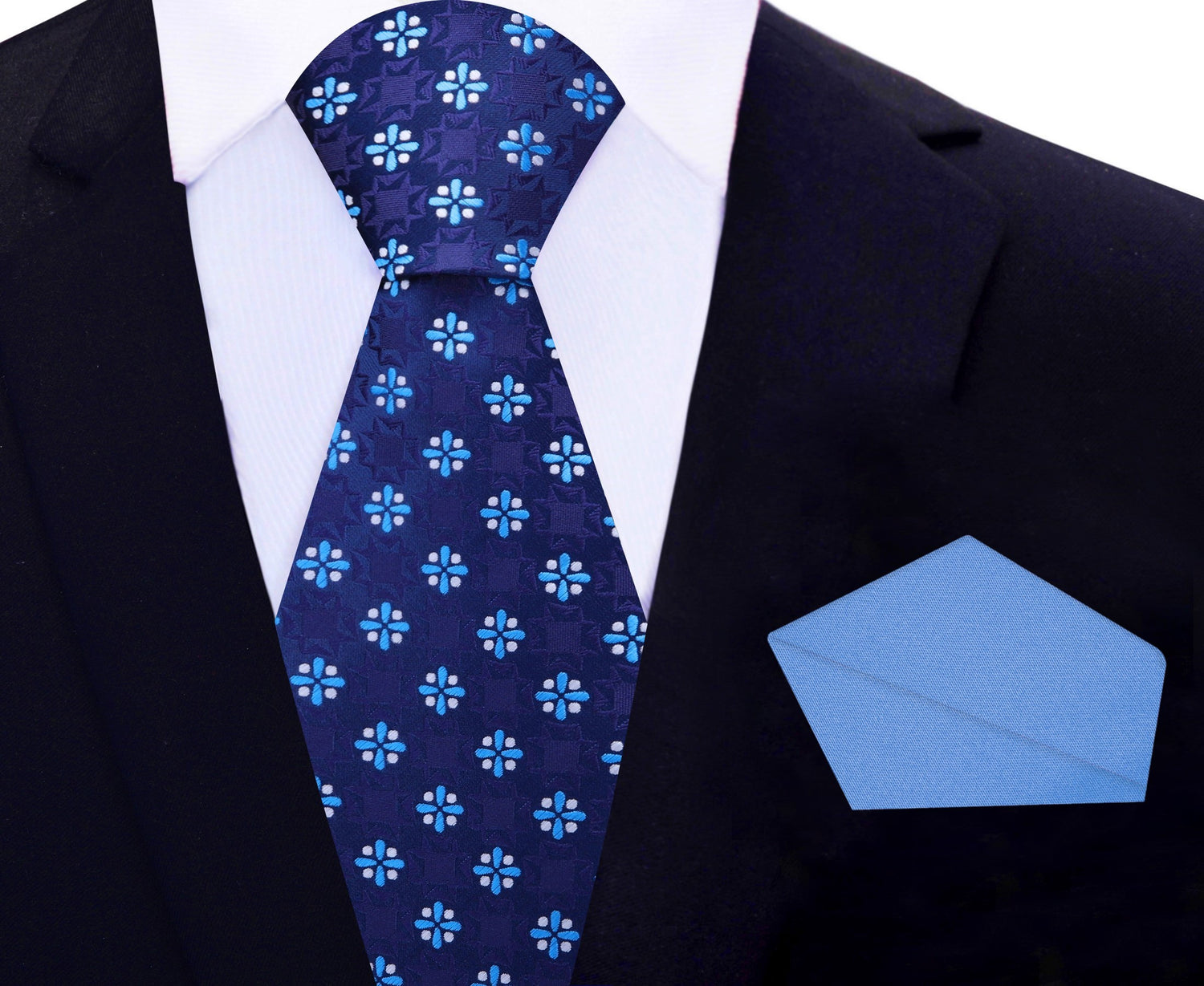 View 2 Main View: Shades of Blue and Light Grey Geometric Tie and Accent Pocket Square