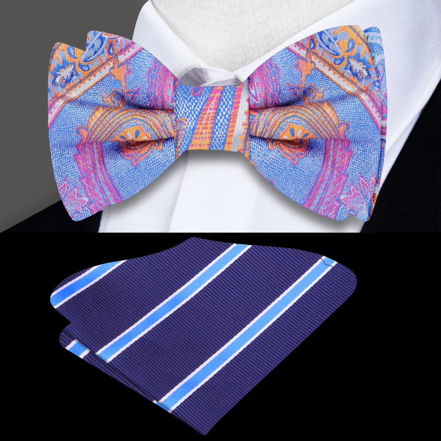 Blue, Pink and Orange Paisley Bow Tie and Accenting Pocket Square