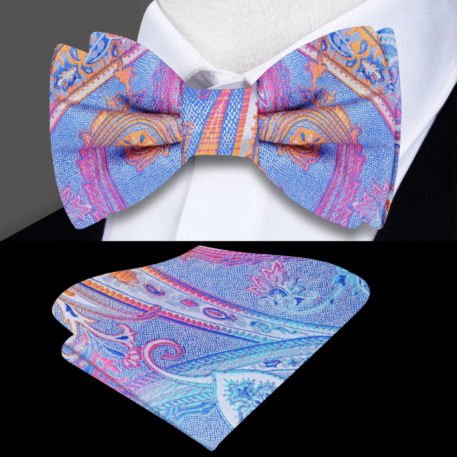Blue, Pink and Orange Paisley Bow Tie and Pocket Square