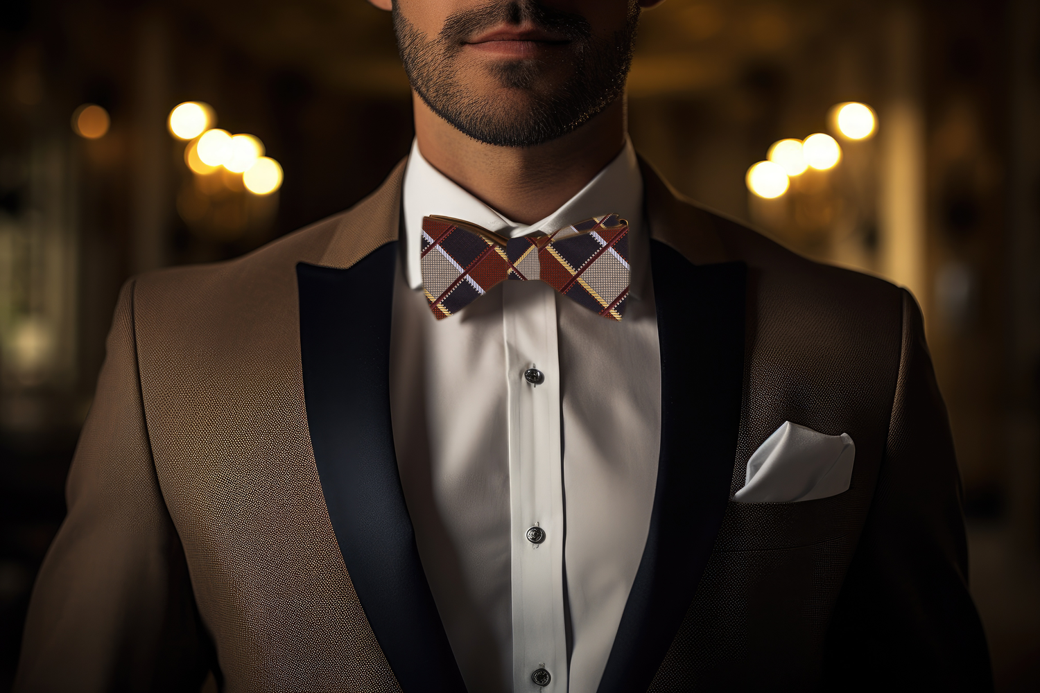 Shades of Brown Geometric Diamonds Bow Tie on Man Wearing Suit