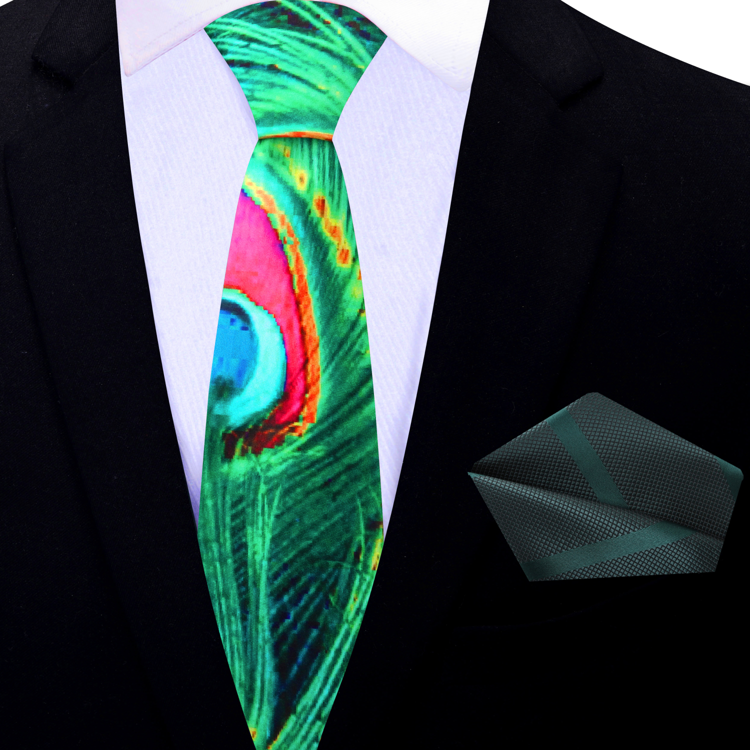 Thin: Green, Orange, Blue Peacock Necktie and Green Square
