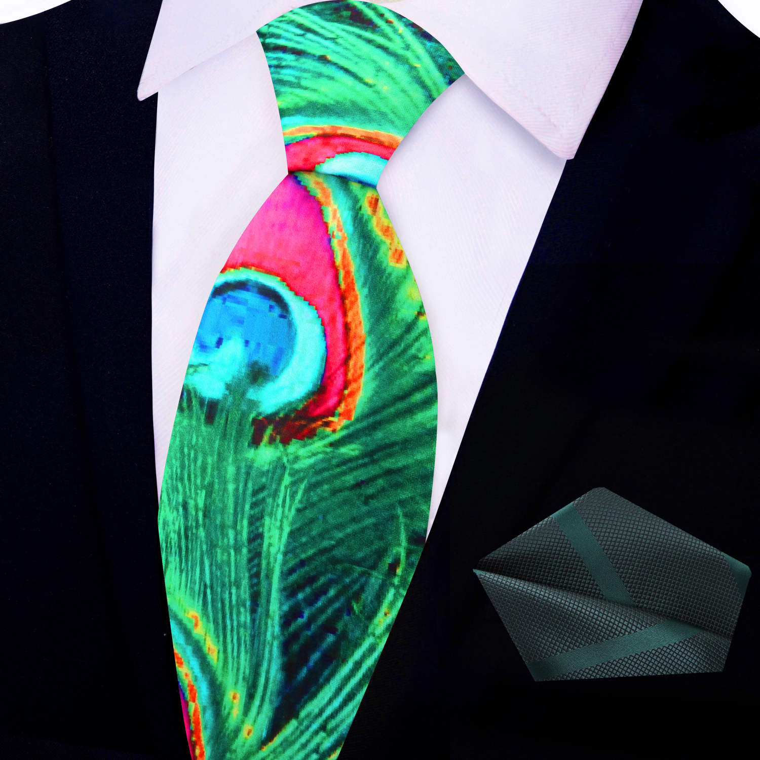 View 2: Green, Orange, Blue Peacock Necktie and Green Square