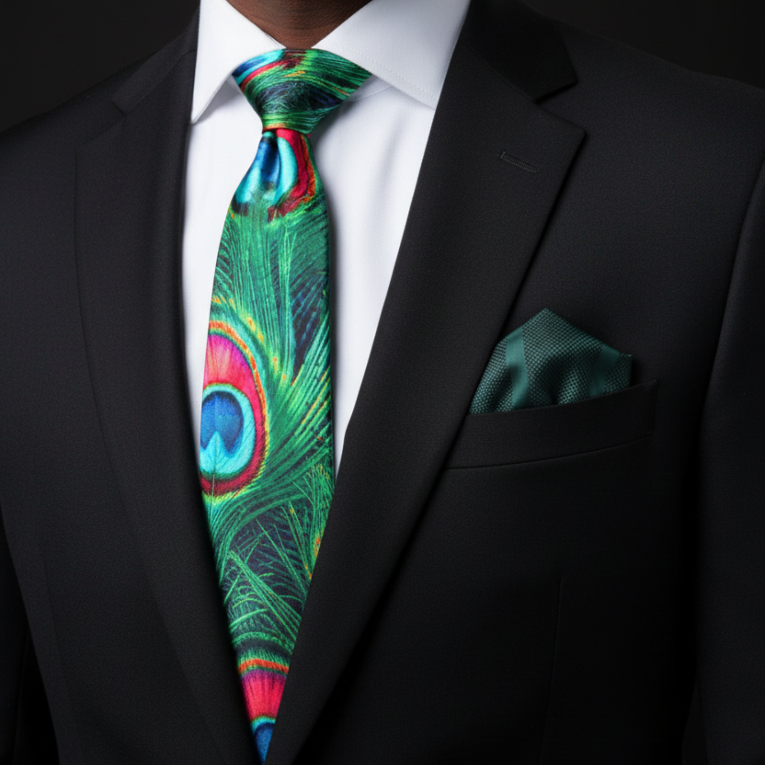 Man wearing a black suit with a colorful peacock feather tie and matching pocket square.