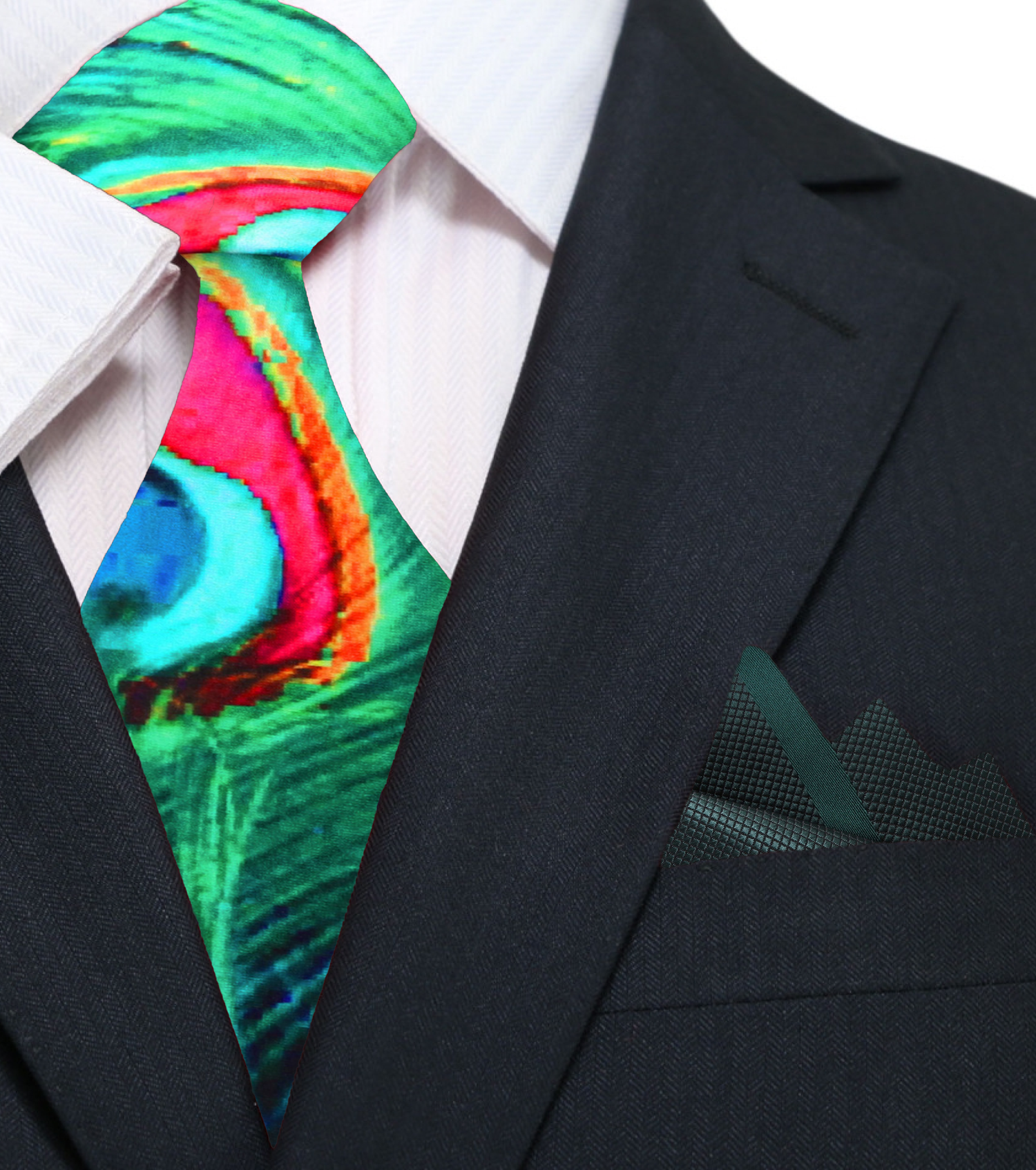 Green, Orange, Blue Peacock Necktie and Green Square