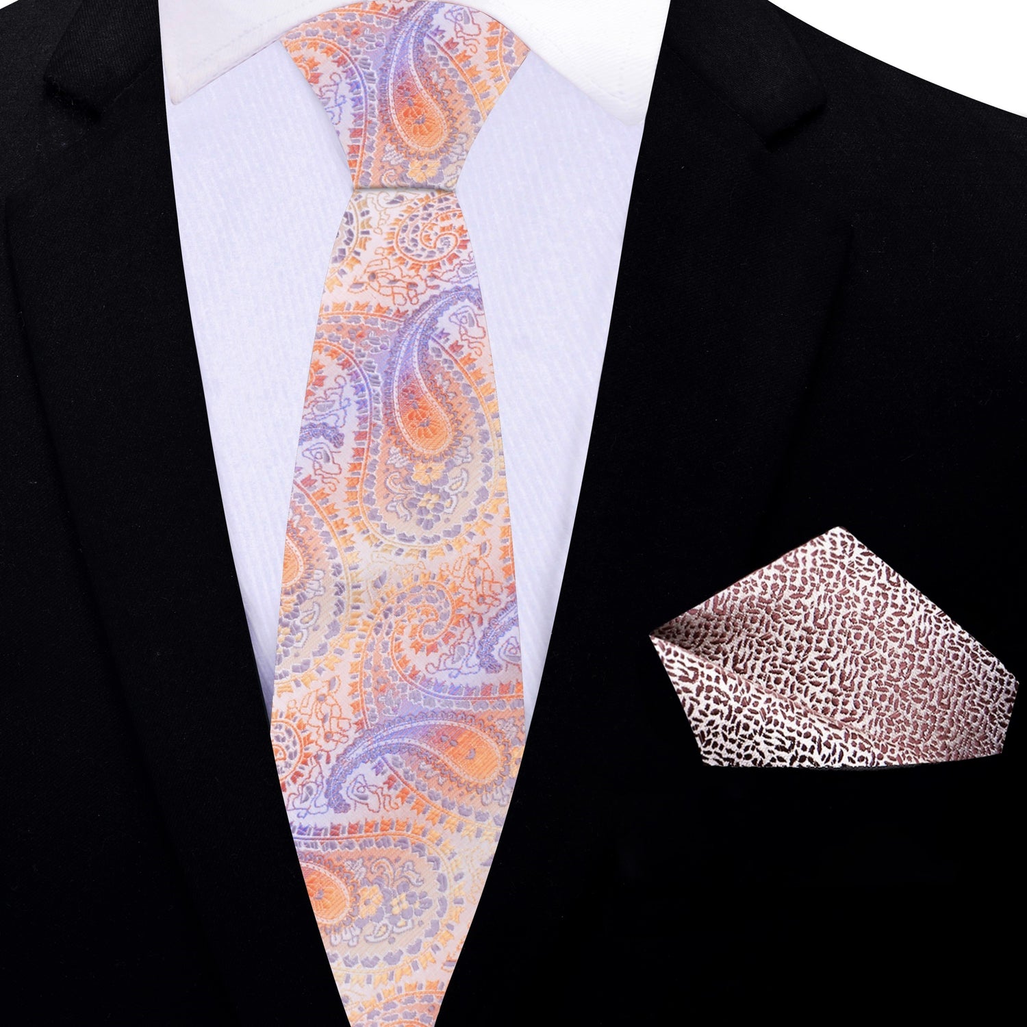 Thin Tie: Shades of Pastel Orange and Purple Paisley with Brown Textured Square