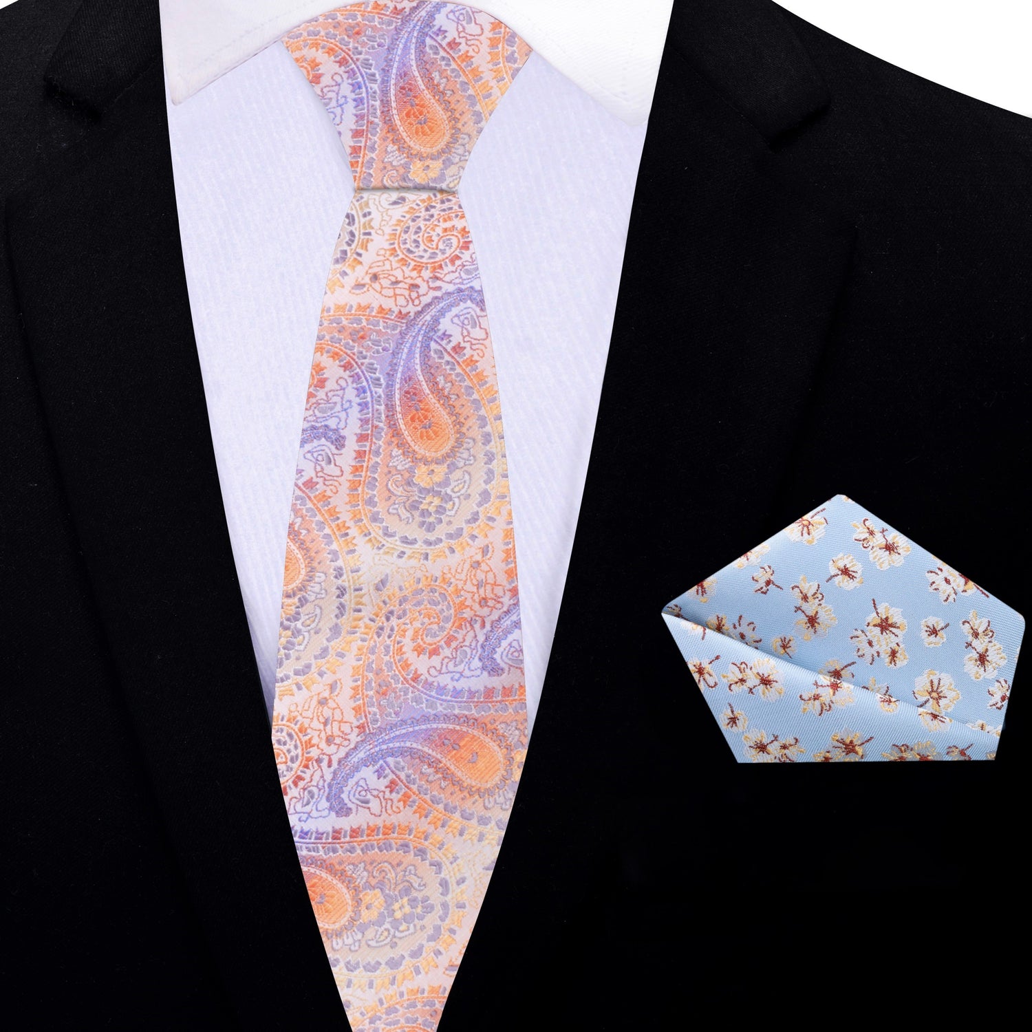 Thin Tie: Shades of Pastel Orange and Purple Paisley with Light Blue Floral Square