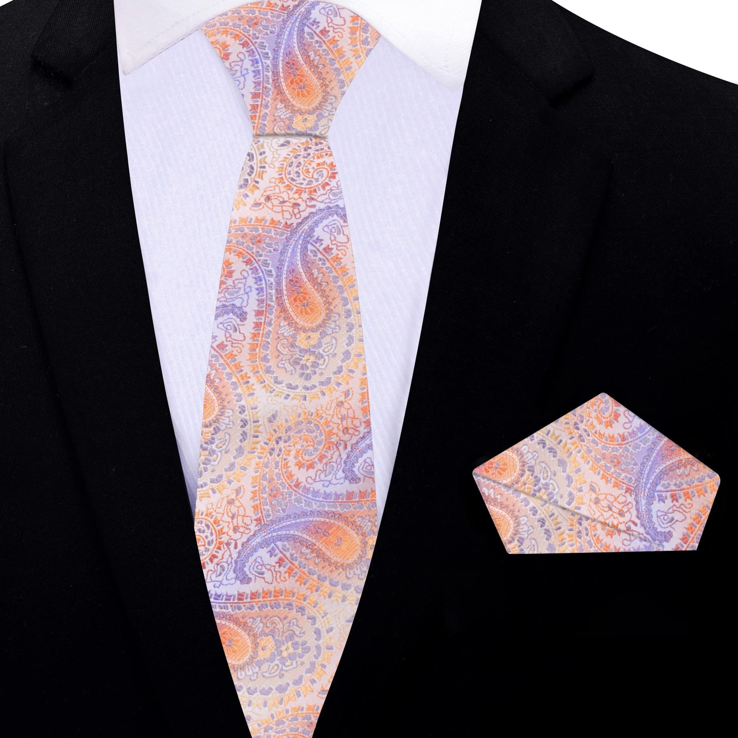 Thin Tie: Shades of Pastel Orange and Purple Paisley with Matching Square