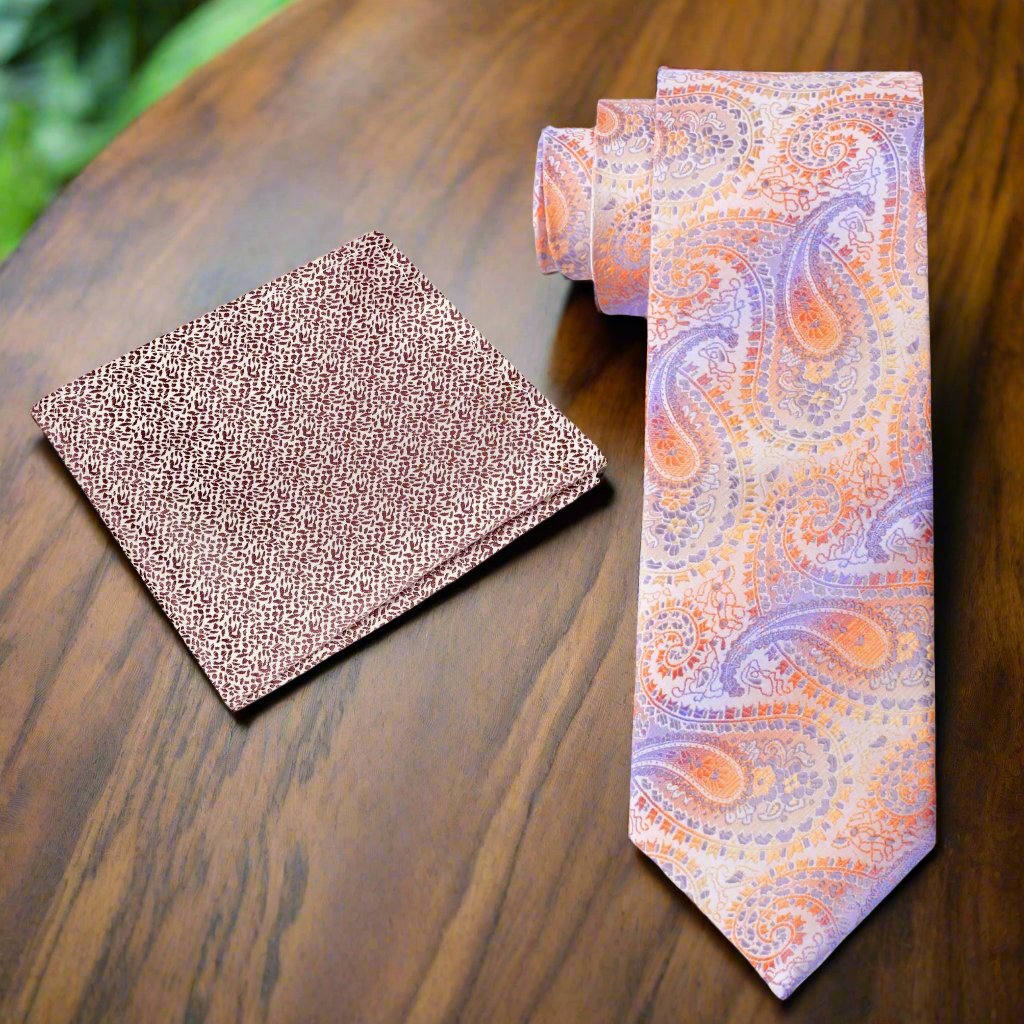 Alt View: Shades of Pastel Orange and Purple Paisley with Brown Textured Square