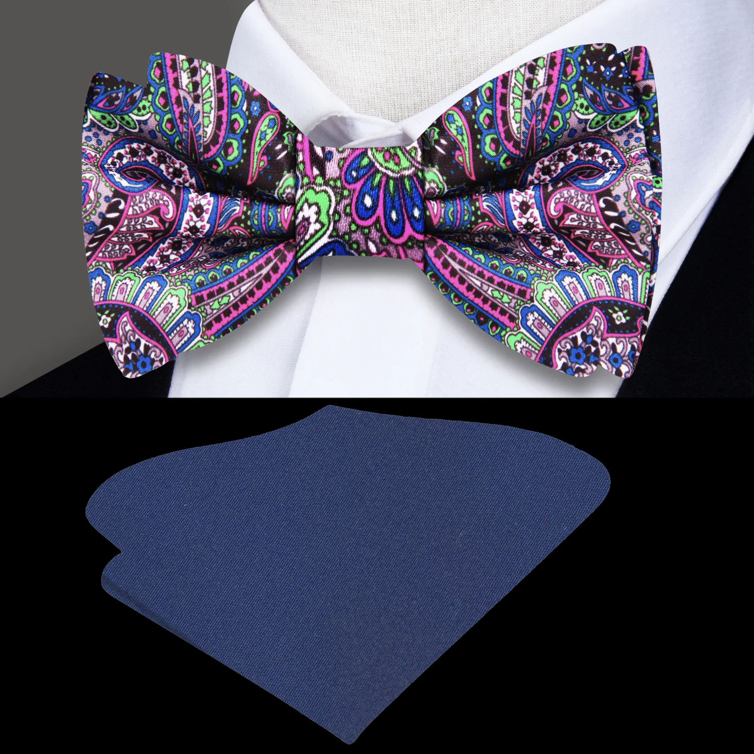 Blue Green Pink Paisley Bow Tie and Blue Square