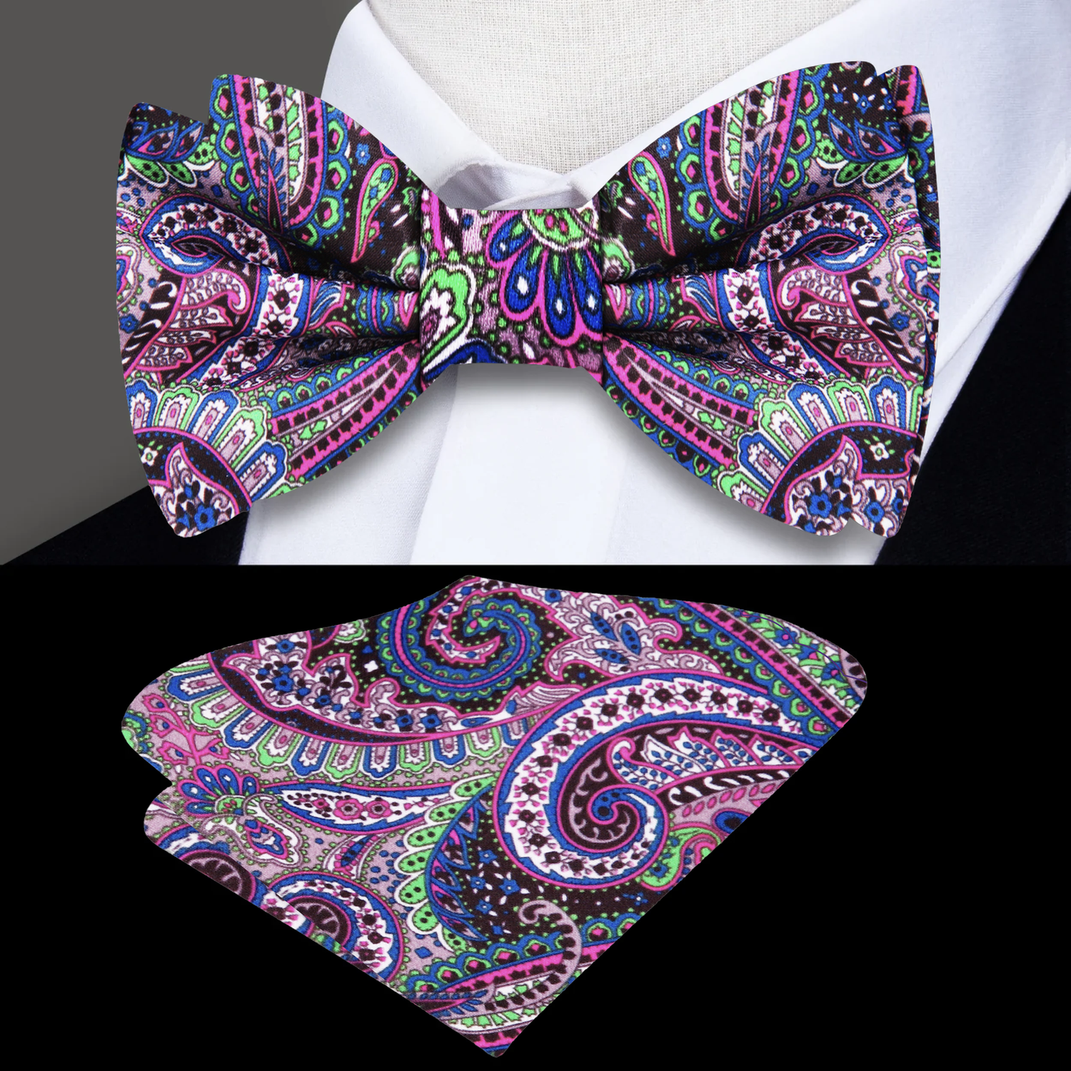 Blue Green Pink Paisley Bow Tie and Square