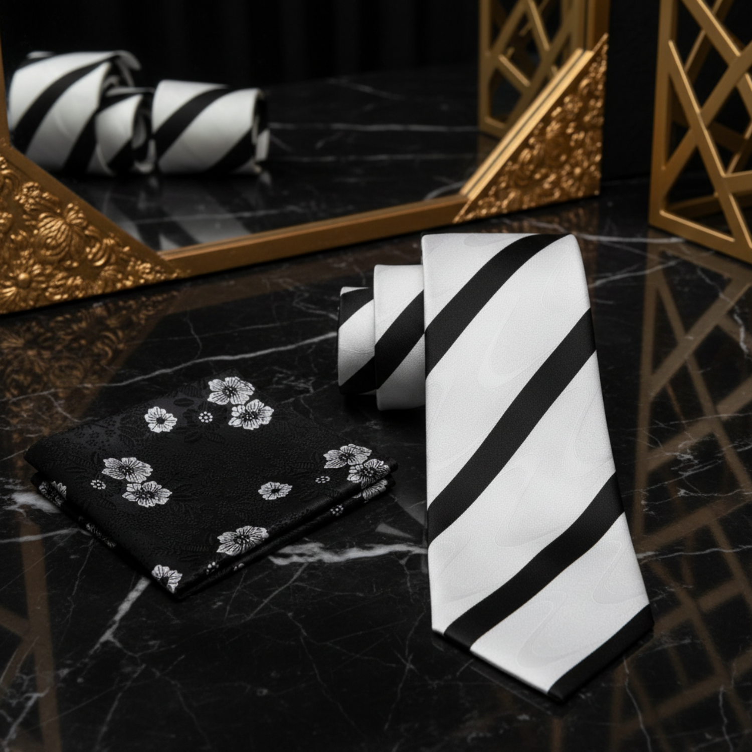 White Black Stripe Tie and Accenting Square