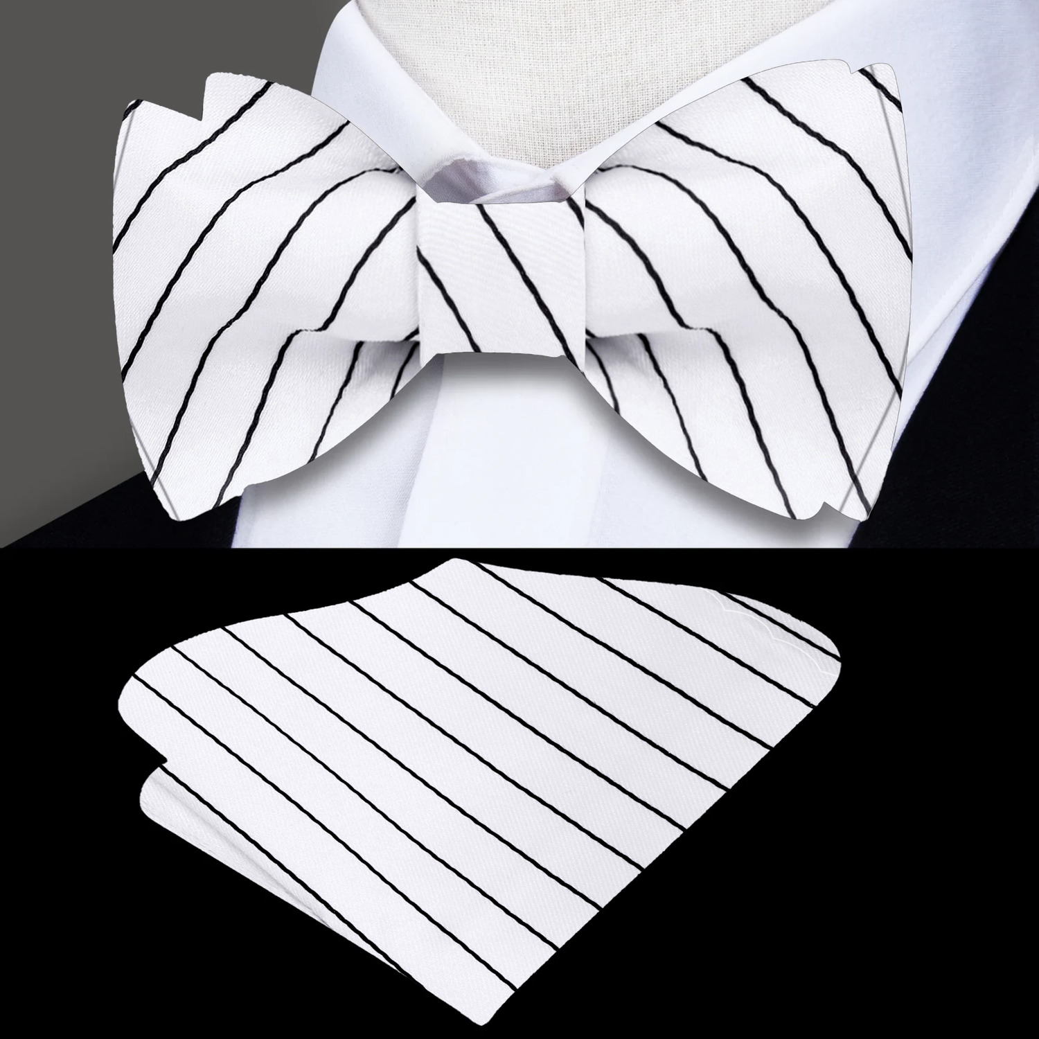 A White, Black Stripes Pattern Silk Self Tie Bow Tie, Matching Pocket Square