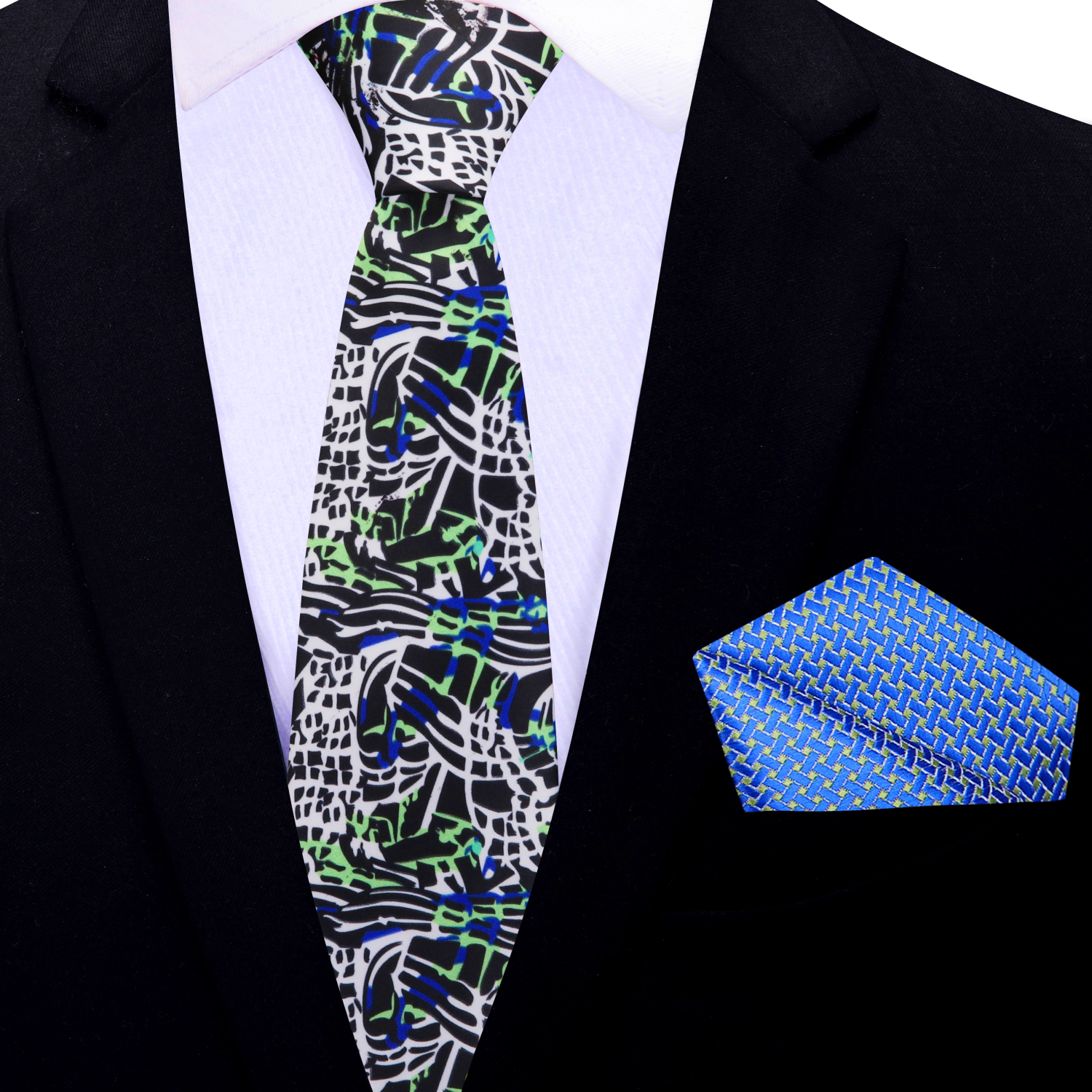 Thin White, Black, Blue, Green Abstract Tie and Accenting Square