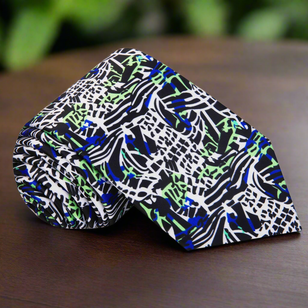 White, Black, Blue, Green Abstract Tie