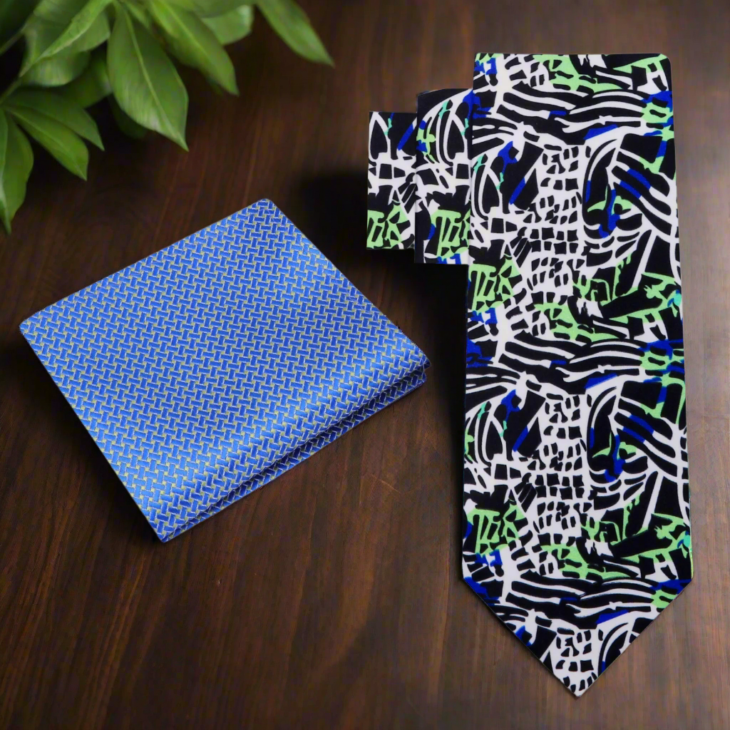 White, Blue, Black Green Abstract Tie and Blue Green Square