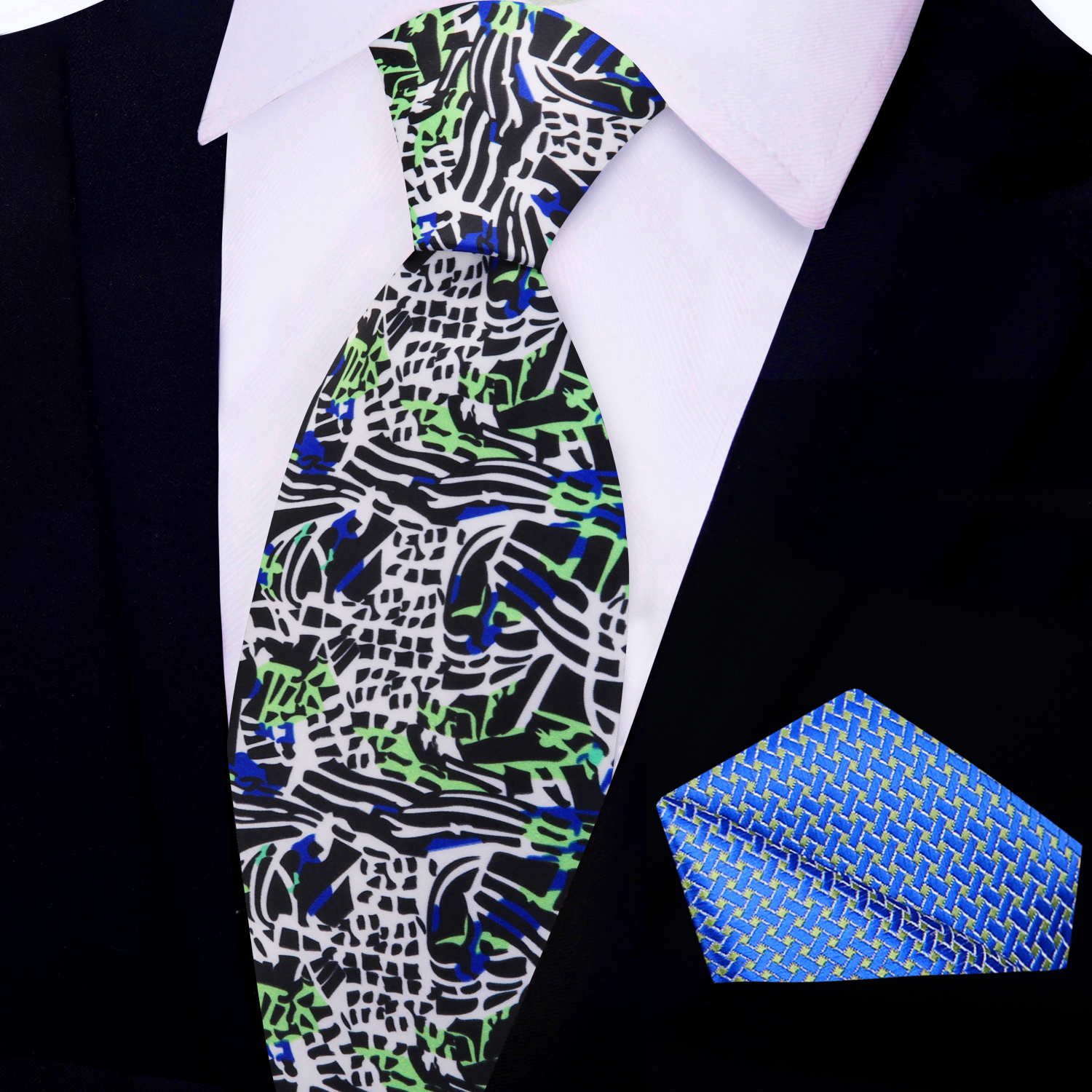 View 2 White, Black, Blue, Green Abstract Tie and Accenting Square