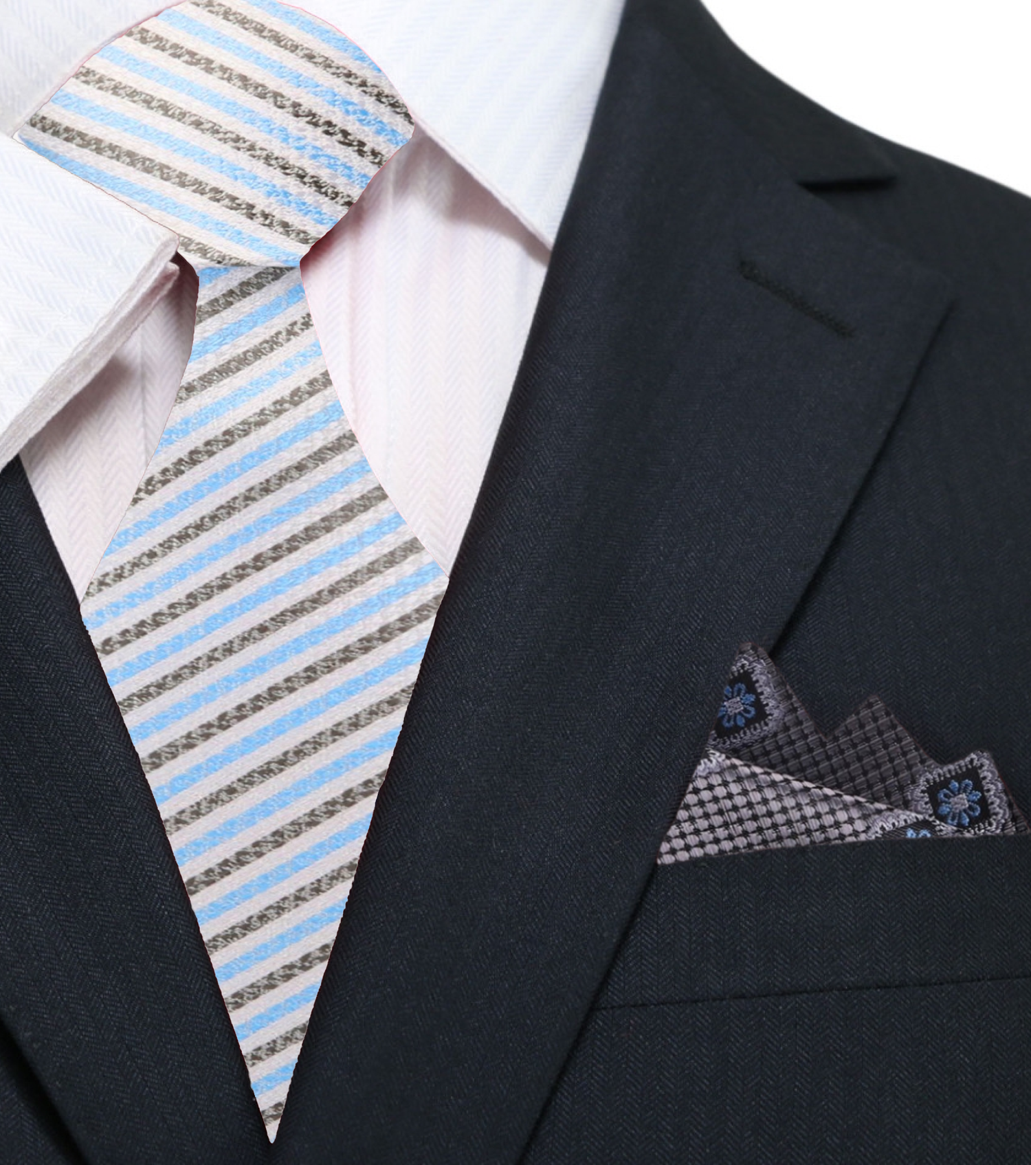 White, Light Blue, Charcoal Stripe Necktie & Grey, Blue and Black Geometric Square