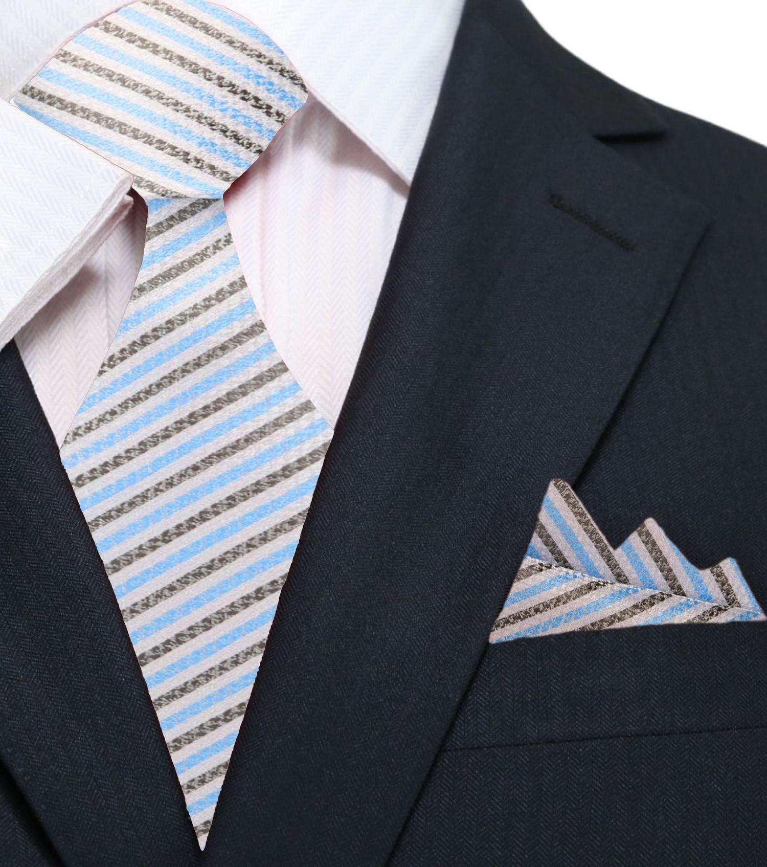 White, Light Blue, Charcoal Stripe Necktie & Matching Square