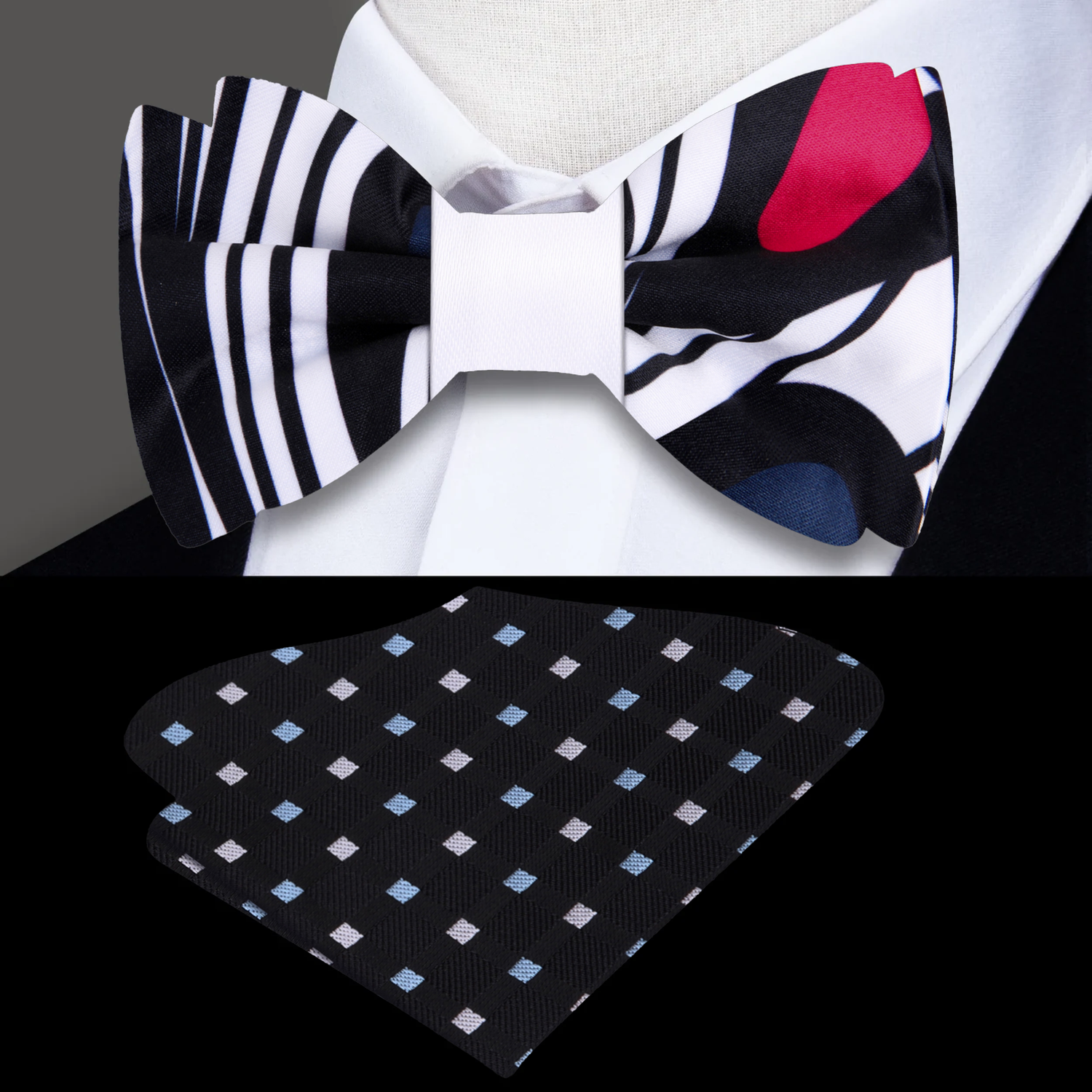 White, Black, Red, Blue Large Paisley Bow Tie and Accenting Pocket Square