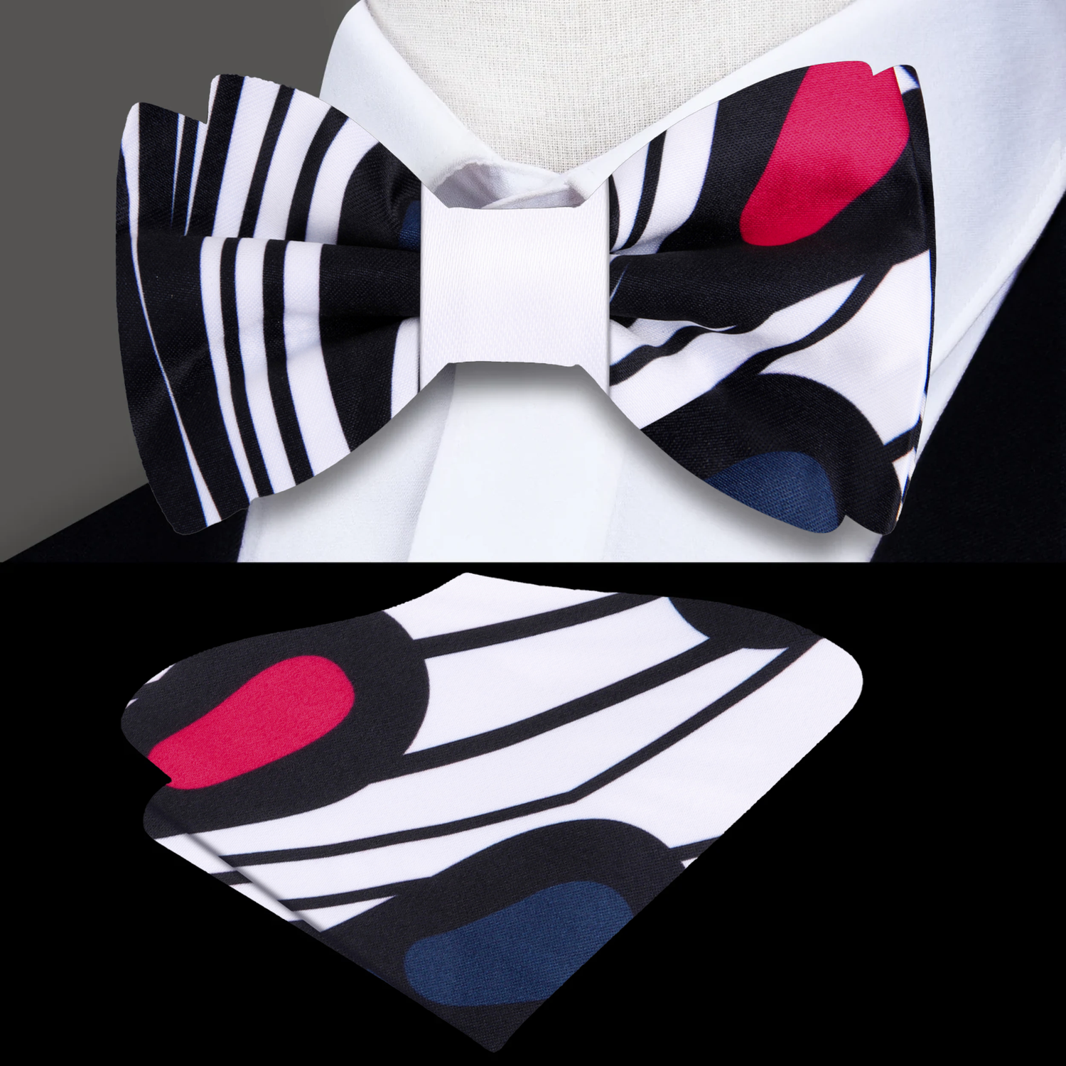 White, Black, Red, Blue Large Paisley Bow Tie and Pocket Square