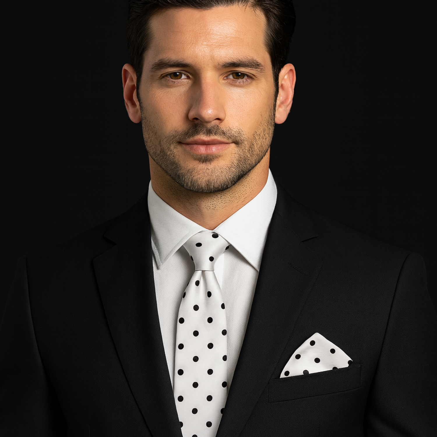 Man wearing a black suit with a white shirt, polka dot tie, and matching pocket square on a black background.