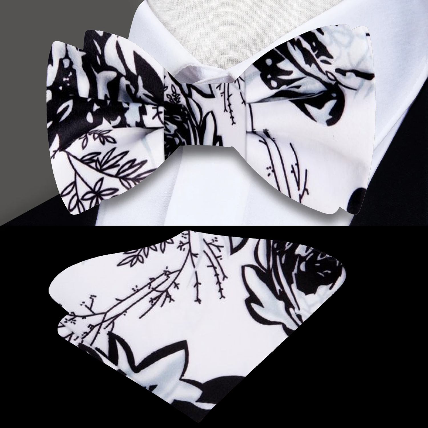 White Black Abstract Floral Bow Tie and Pocket Square