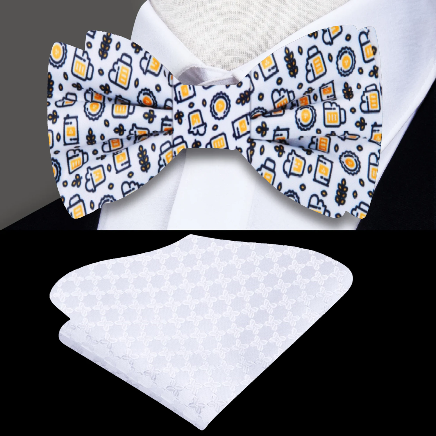 White, Yellow, Black Beer Themed Bow Tie and Pocket Square