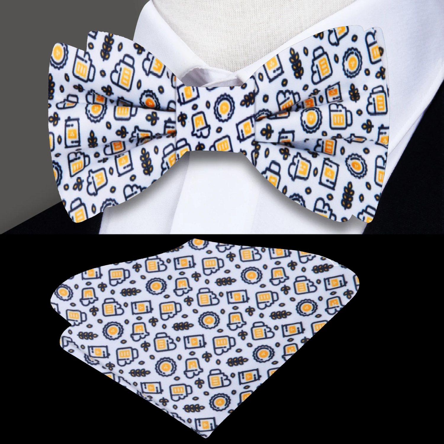 White, Yellow, Black Beer Themed Bow Tie and Square