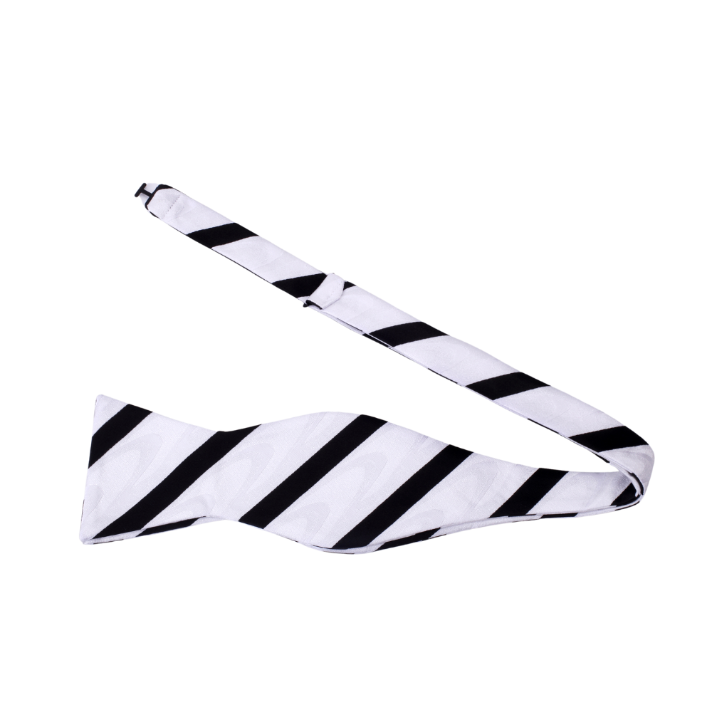 A White With Abstract Wave And Black Stripe Pattern Silk Self Tie Bow Tie
