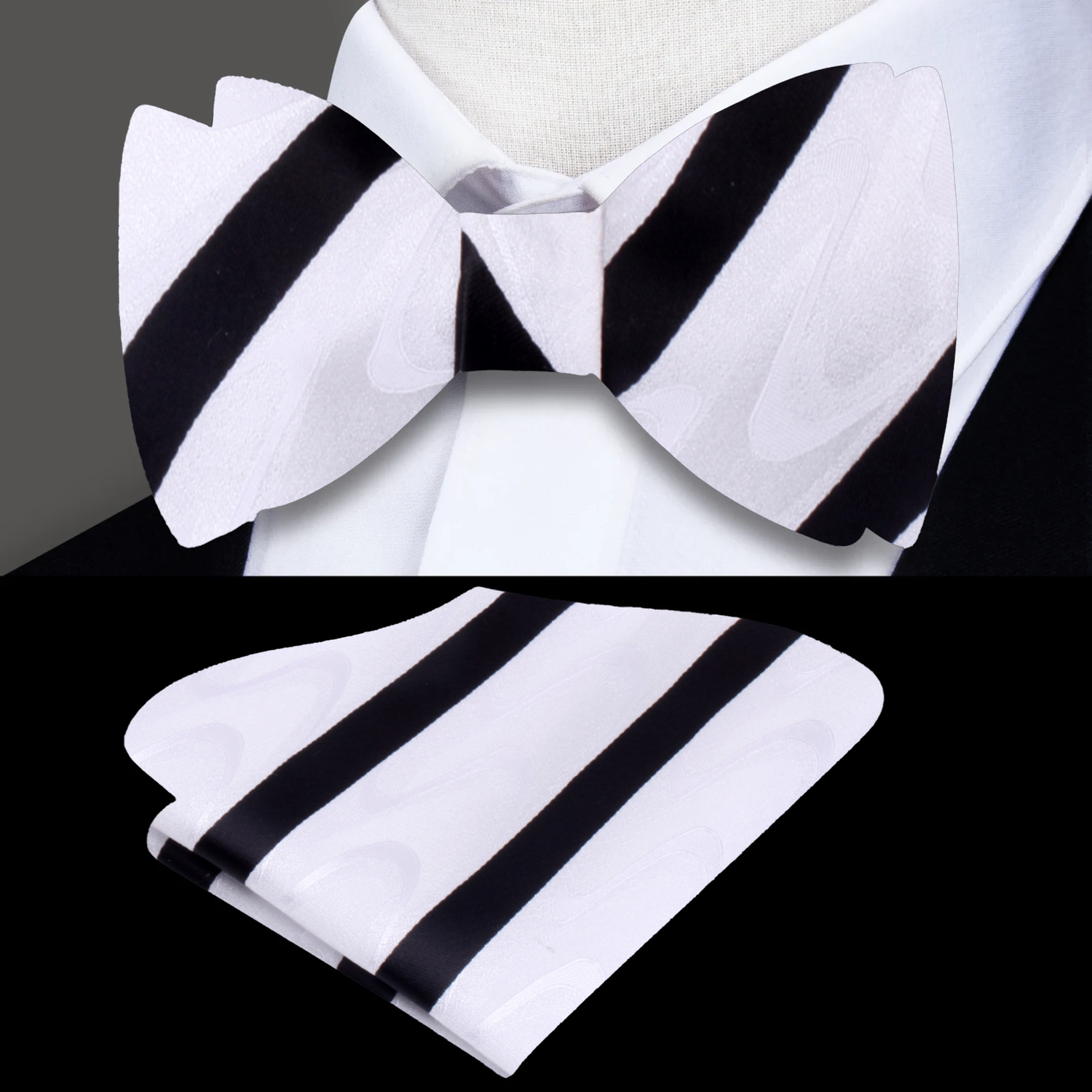 A White With Abstract Wave And Black Stripe Pattern Silk Self Tie Bow Tie, Pocket Square||White, Black