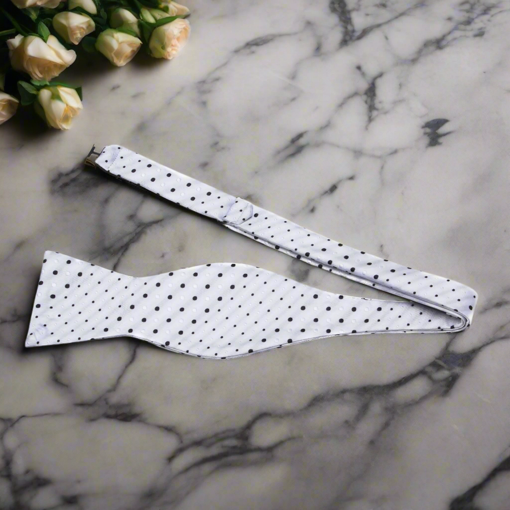 White, Black Dots Bow Tie Self Tie