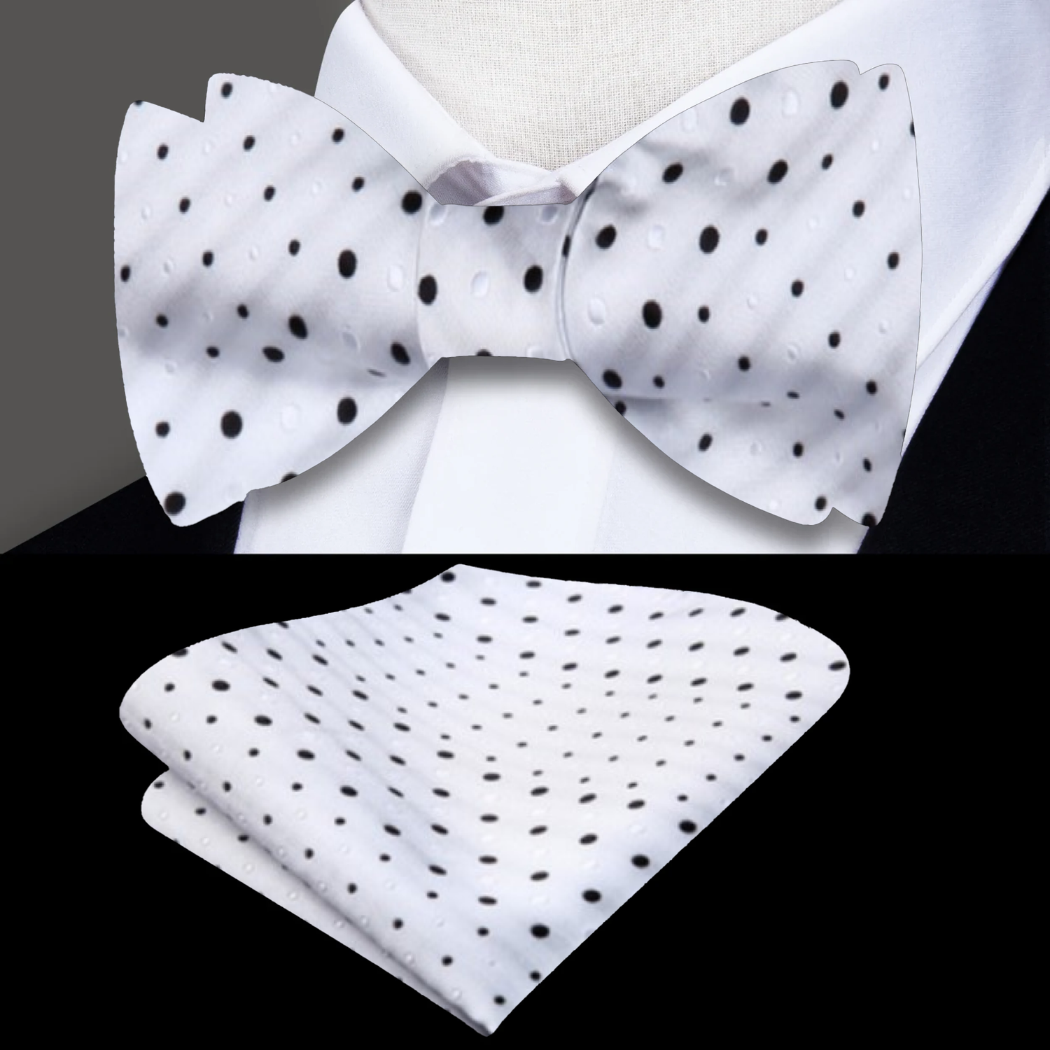 White, Black Dots Bow Tie and Pocket Square