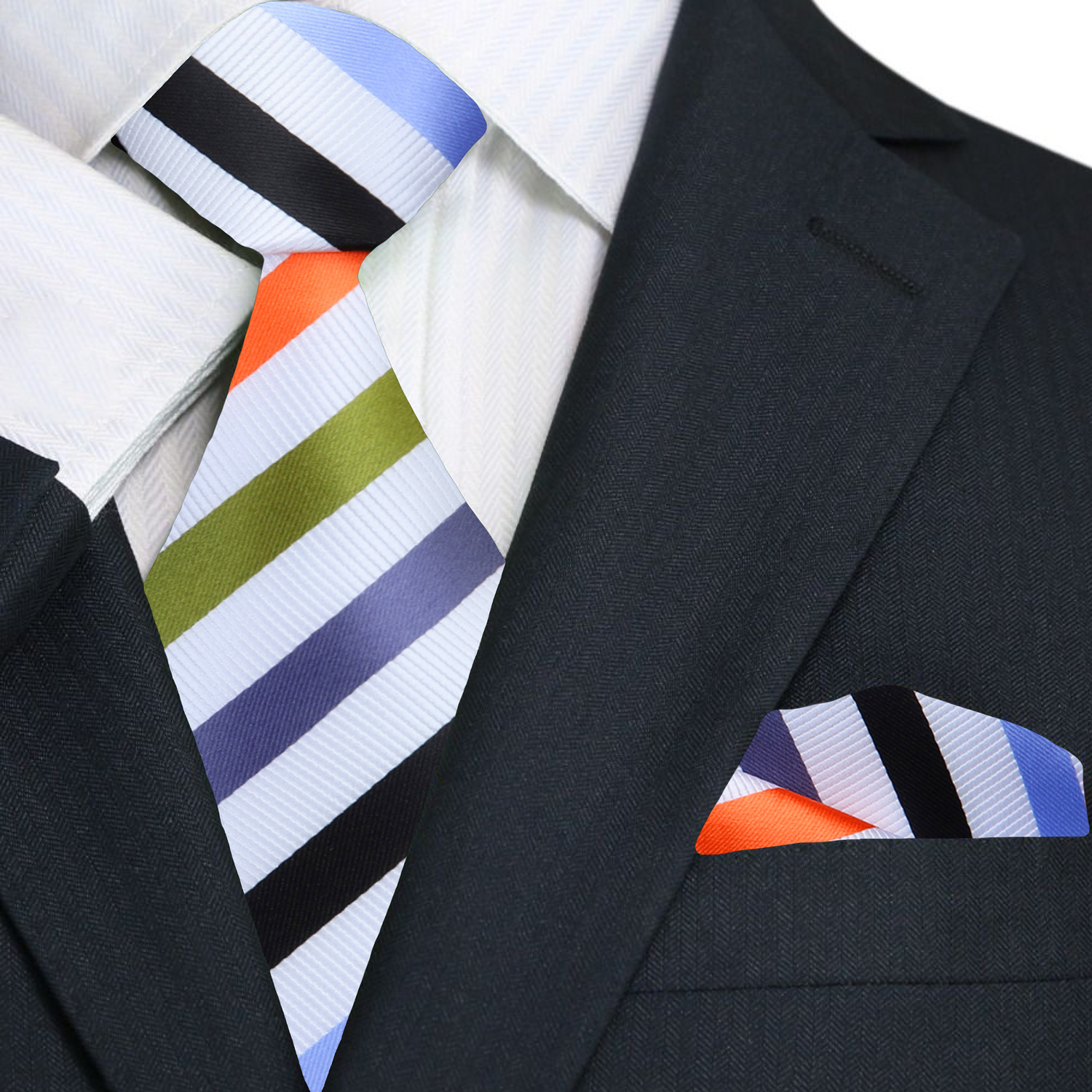 Main: A White, Olive, Orange, Black, Light Blue, Grey Stripe Necktie, Matching Pocket Square