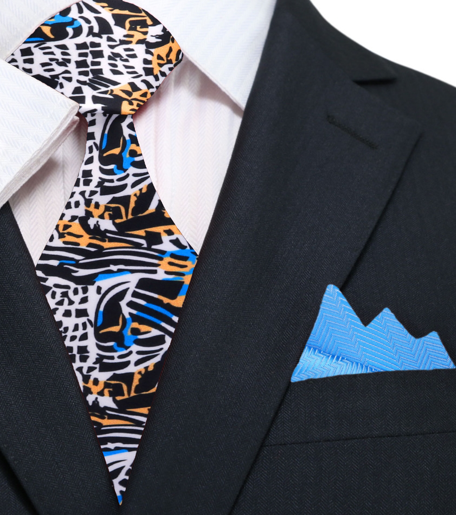 a white, blue, orange and black abstract necktie and blue square