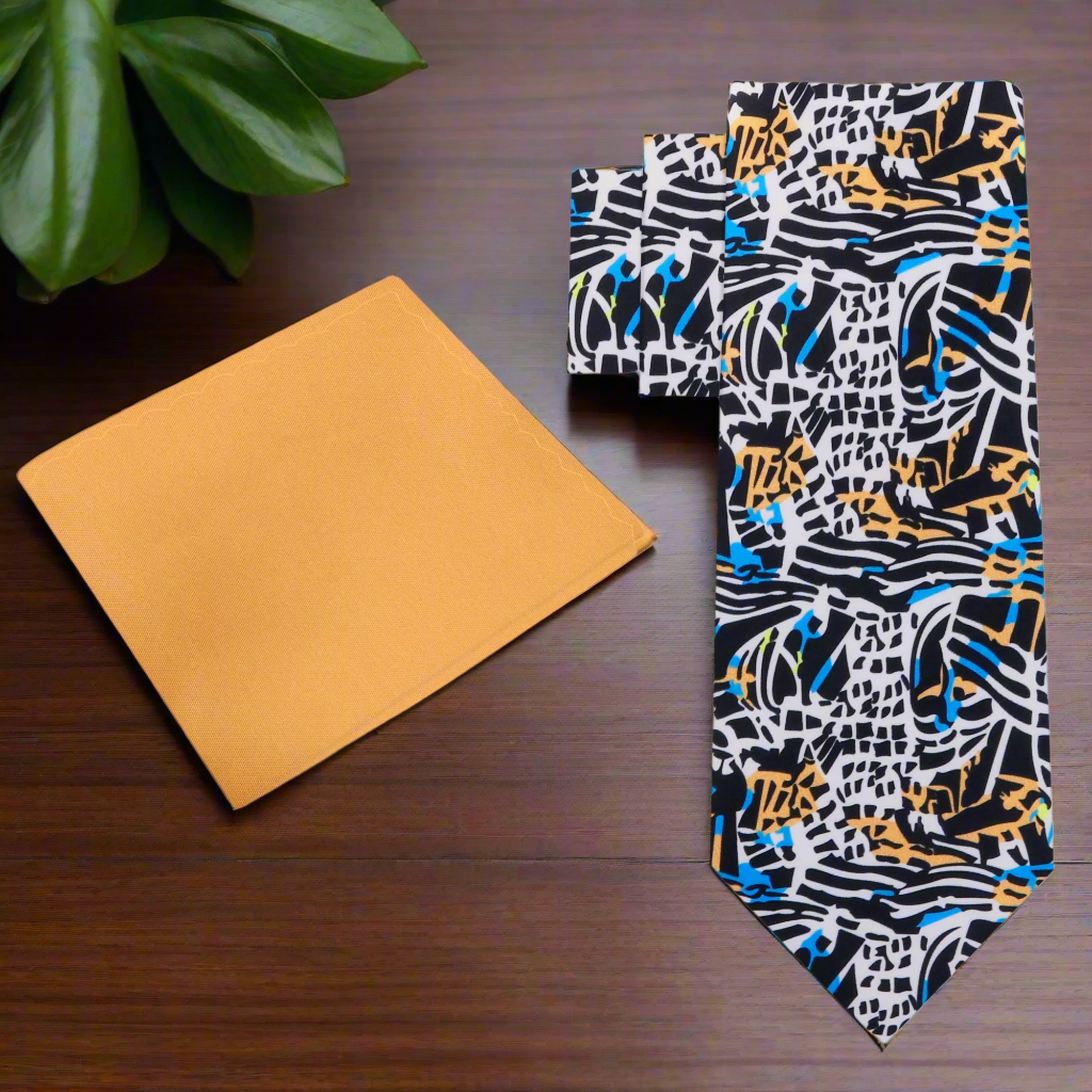 alt a white, blue, orange and black abstract necktie  and orange square