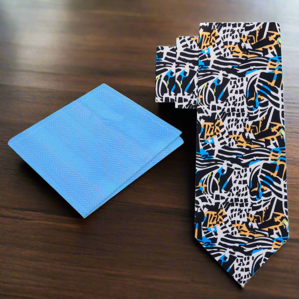 alt a white, blue, orange and black abstract necktie and blue square