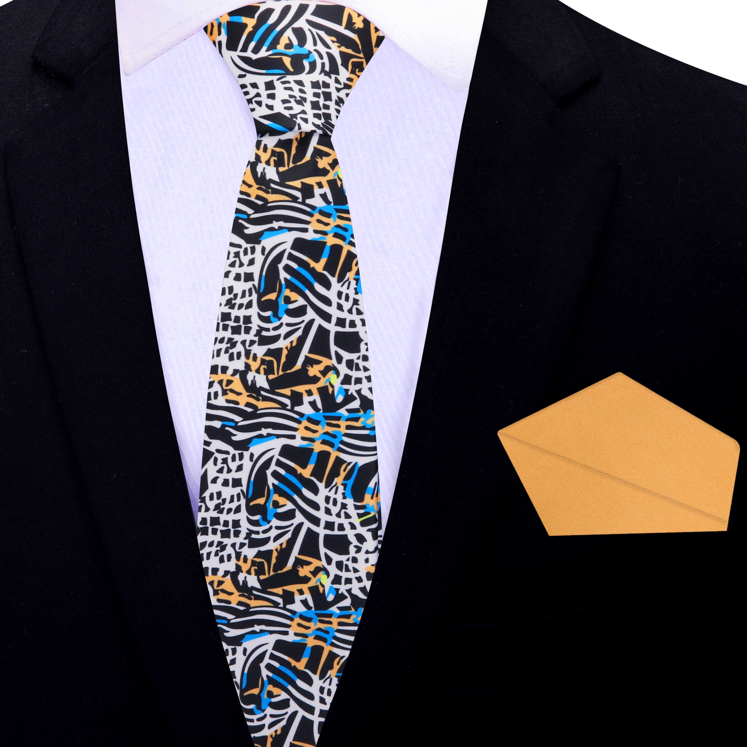 thin a white, blue, orange and black abstract necktie and orange square