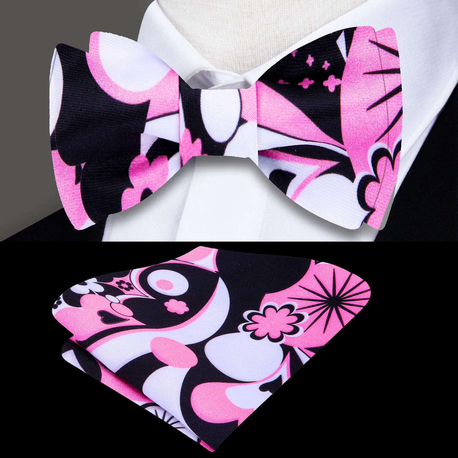 Pink, Black, White Abstract Hearts Bow Tie and Pocket Square