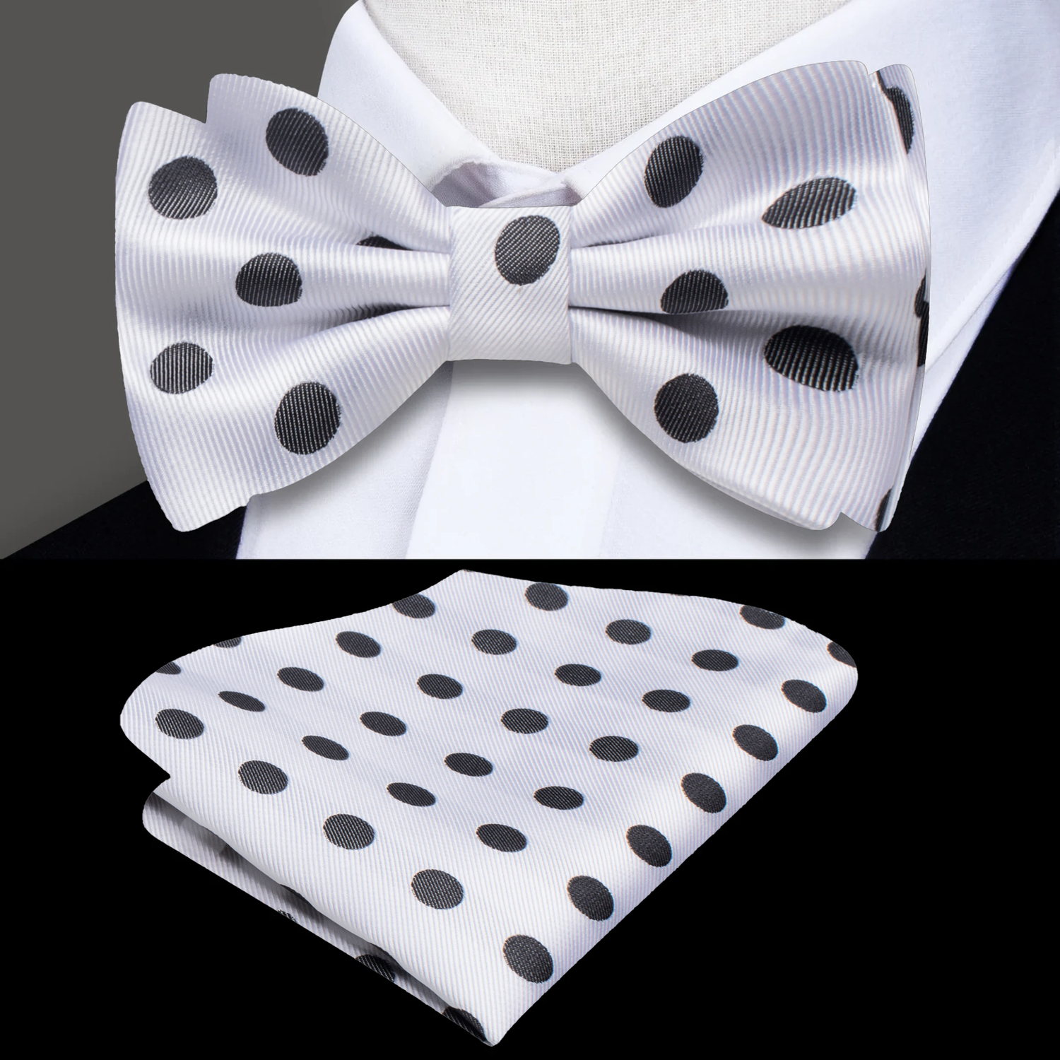 White, Black Polka Bow Tie and Square