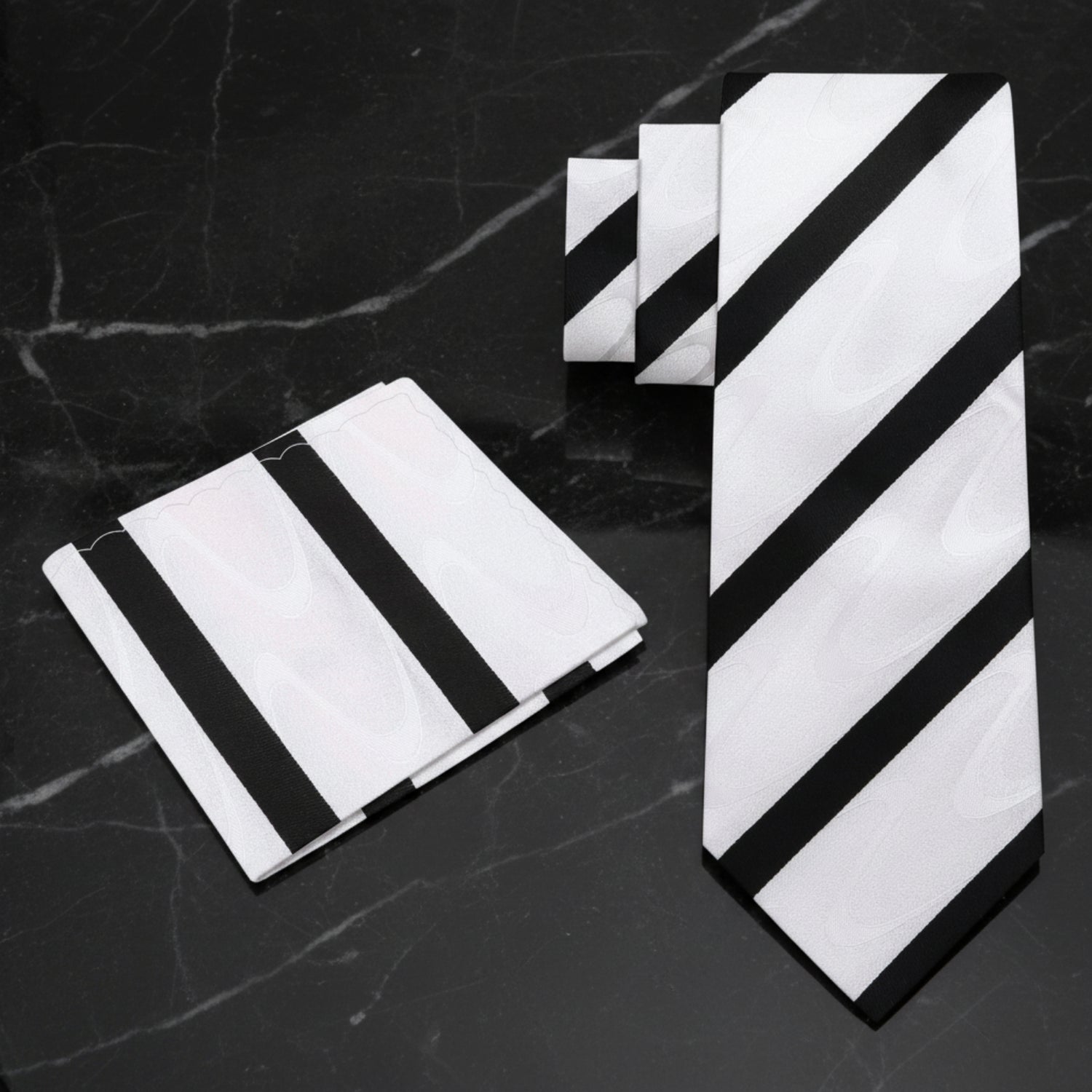 White Black Stripe Tie and Square