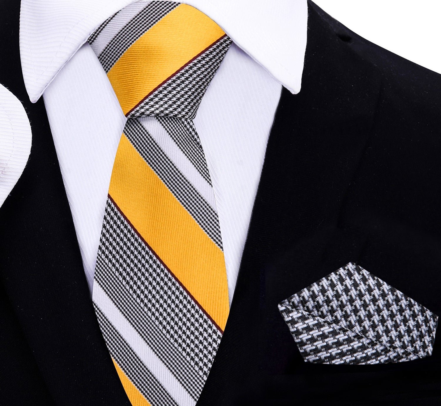 Yellow, gray, and white striped tie with matching pocket square on a black suit jacket.