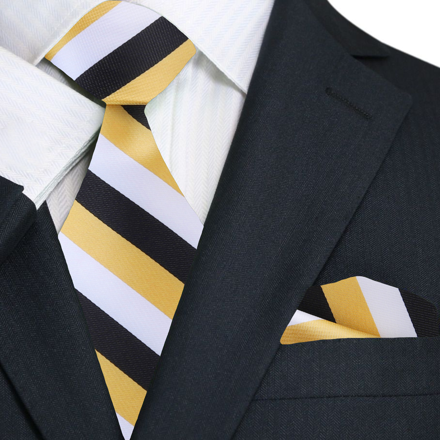 Premium Gold, White, Black Stripe Tie and Matching Square